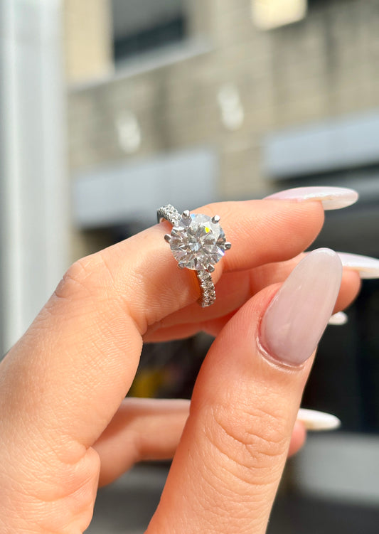 Maisy– " 3ct " Round Solitaire in 18k Gold with 6 Claw set and Pavé Band (Ready) - Prime & Pure