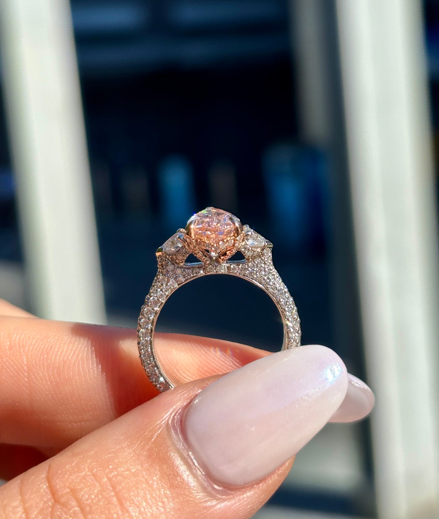 Rosalia – " 3ct " Pink Fancy Pear in 18k with Heart Side diamonds and 3 sides Pave Band (Ready) - Prime & Pure
