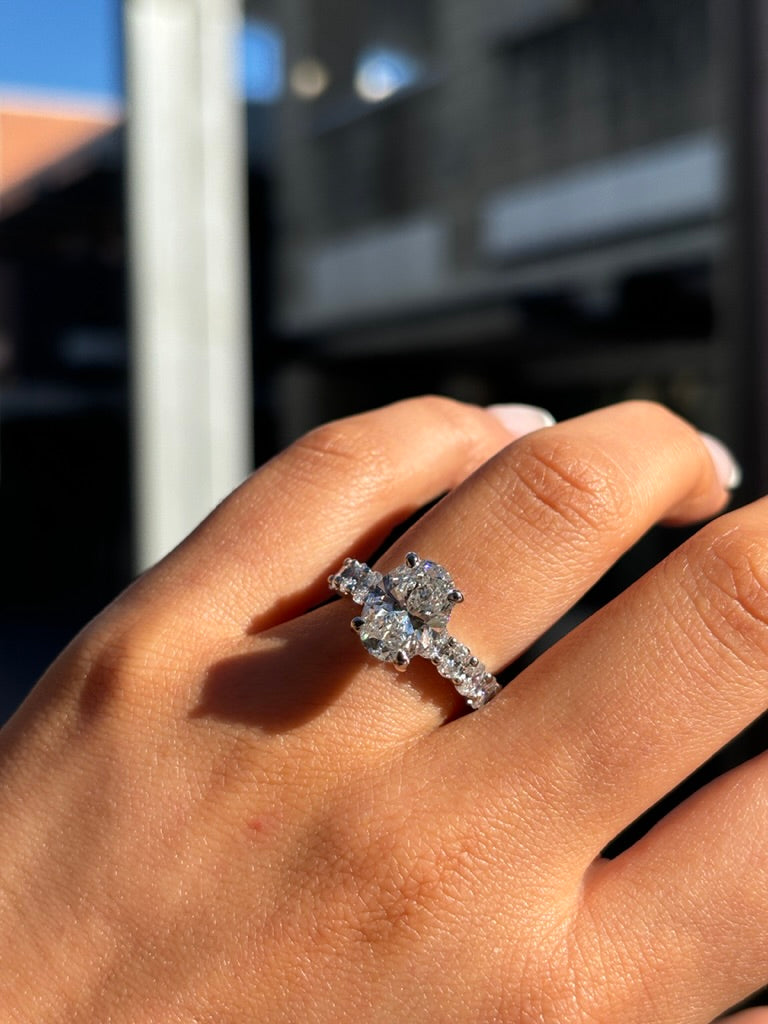 Lexie – " 3ct " Oval Solitaire in 18k Gold with Hidden Halo and Oval accent Diamonds Band (Ready) - Prime & Pure