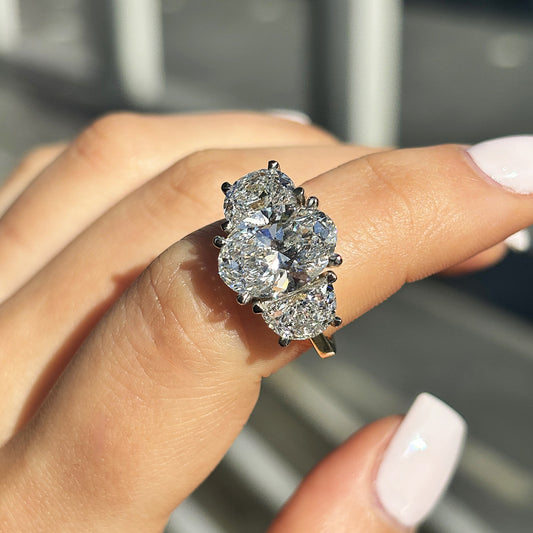 Georgia - " 3ct " Oval in 18k Gold with Half Moon Diamonds Trilogy Ring (Ready) - Prime & Pure
