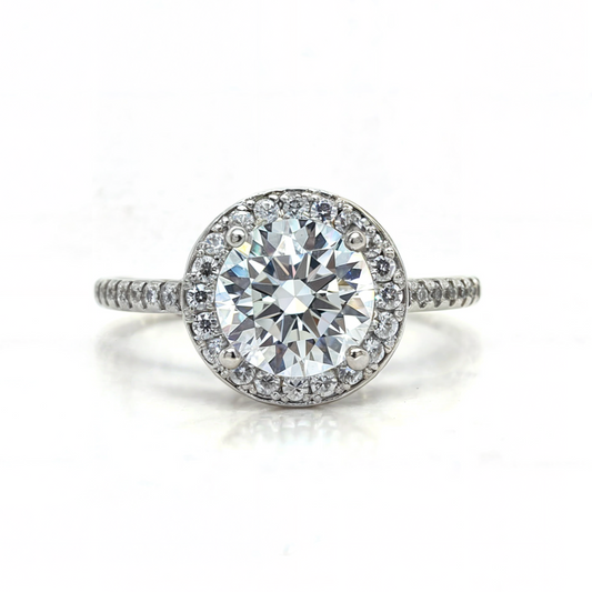 Maya - " 2ct " Round Diamond Ring in 18k with Halo and Pavé Band (Ready) - Prime & Pure
