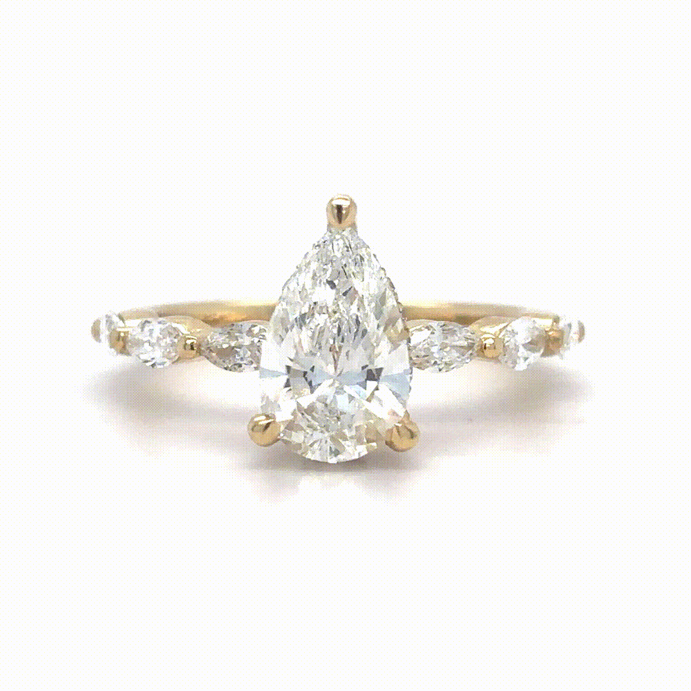 Aline – " 3ct " Pear Solitaire in 18k Gold with 3 Marquise Side Stones & Hidden Halo (Ready) - Prime & Pure