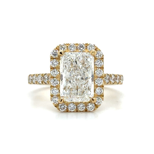 Matilda- " 3ct " Radiant Diamond Ring in 18k Gold With Halo and Pavé Half Set Band (Ready) - Prime & Pure