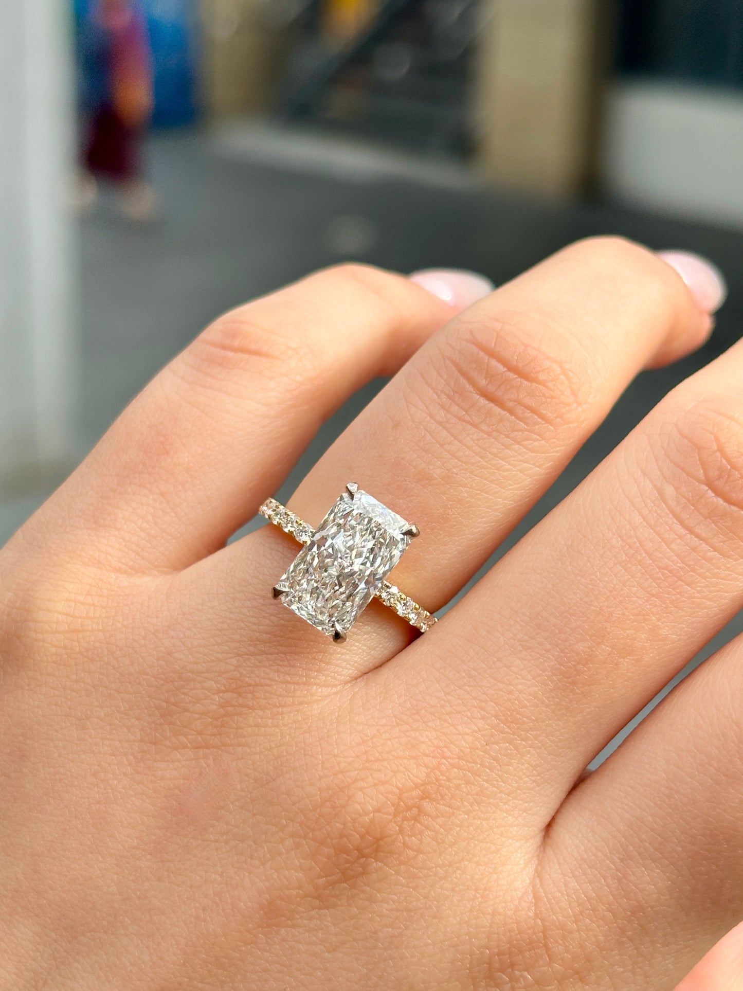 Judy – " 4ct " Radiant Solitaire in 18k Gold with Hidden Halo and Pavé Band (Ready) - Prime & Pure