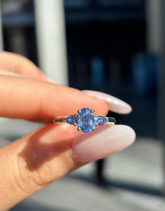 Alexa – " 1ct " Fancy Blue Oval Trilogy Ring in 18k with Pear cut side stones (Ready) - Prime & Pure