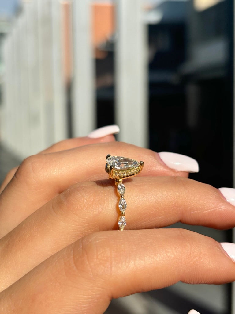 Aline – " 3ct " Pear Solitaire in 18k Gold with 3 Marquise Side Stones & Hidden Halo (Ready) - Prime & Pure
