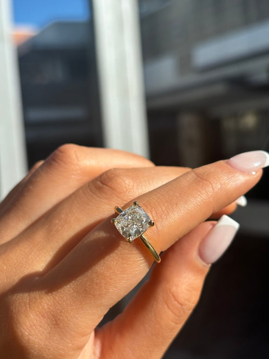 Rose – " 3ct " Cushion Solitaire in 18k Gold with 4 Claw set and Plain Band (Ready) - Prime & Pure