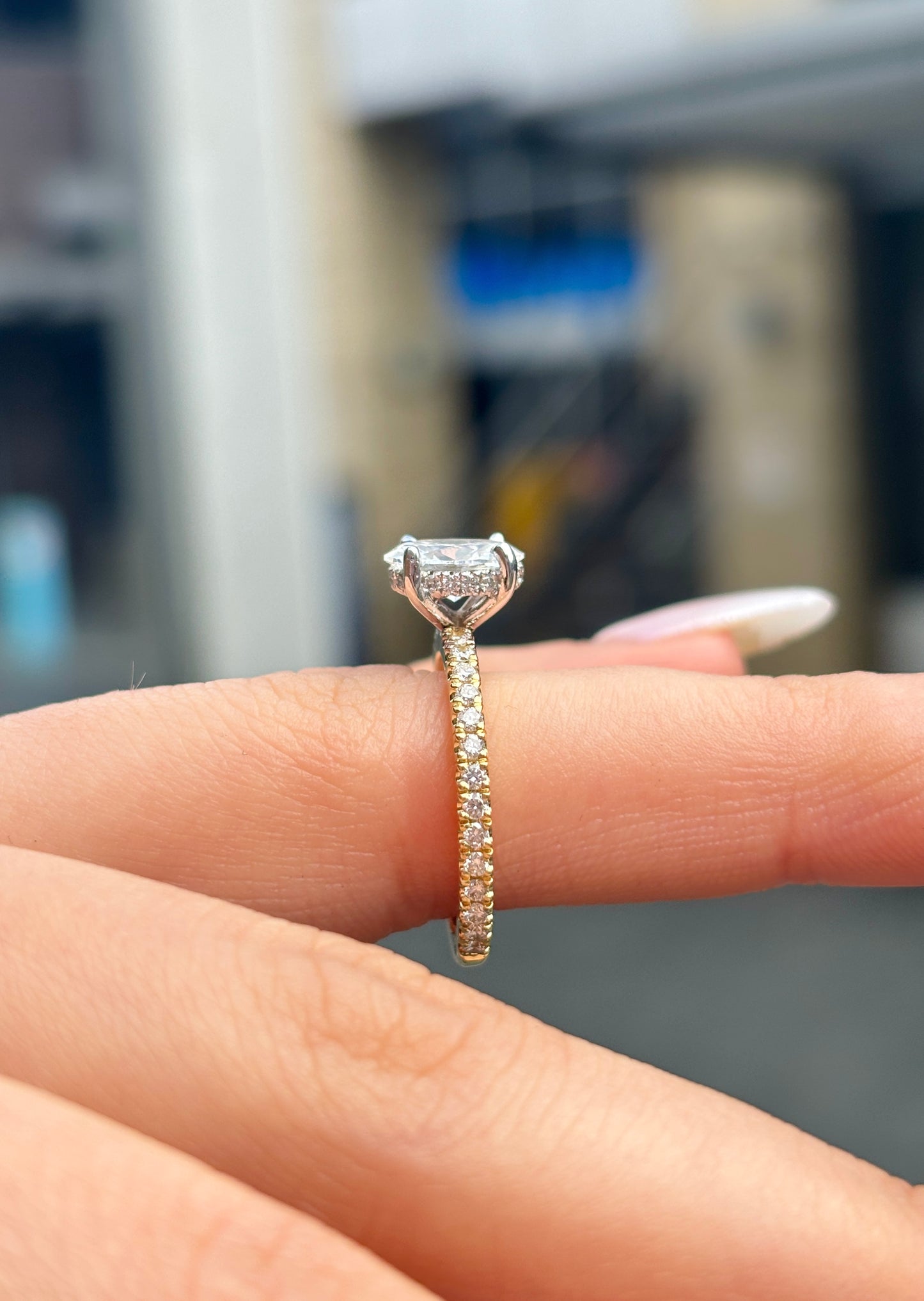 Grace – " 1.5ct " Oval Solitaire in 18k Gold with Hidden Halo and Pavé Band (Ready) - Prime & Pure