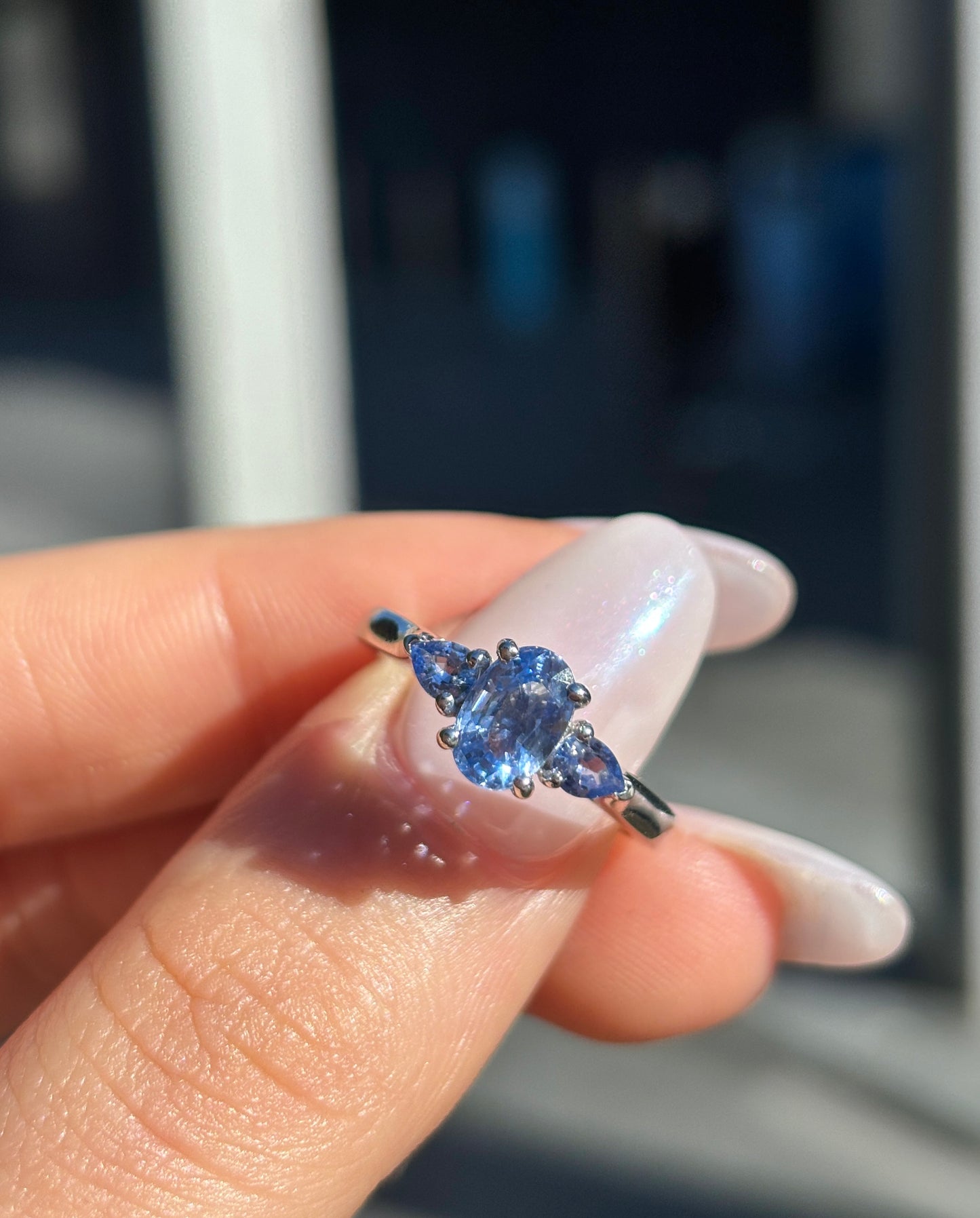 Alexa – " 1ct " Fancy Blue Oval Trilogy Ring in 18k with Pear cut side stones (Ready) - Prime & Pure