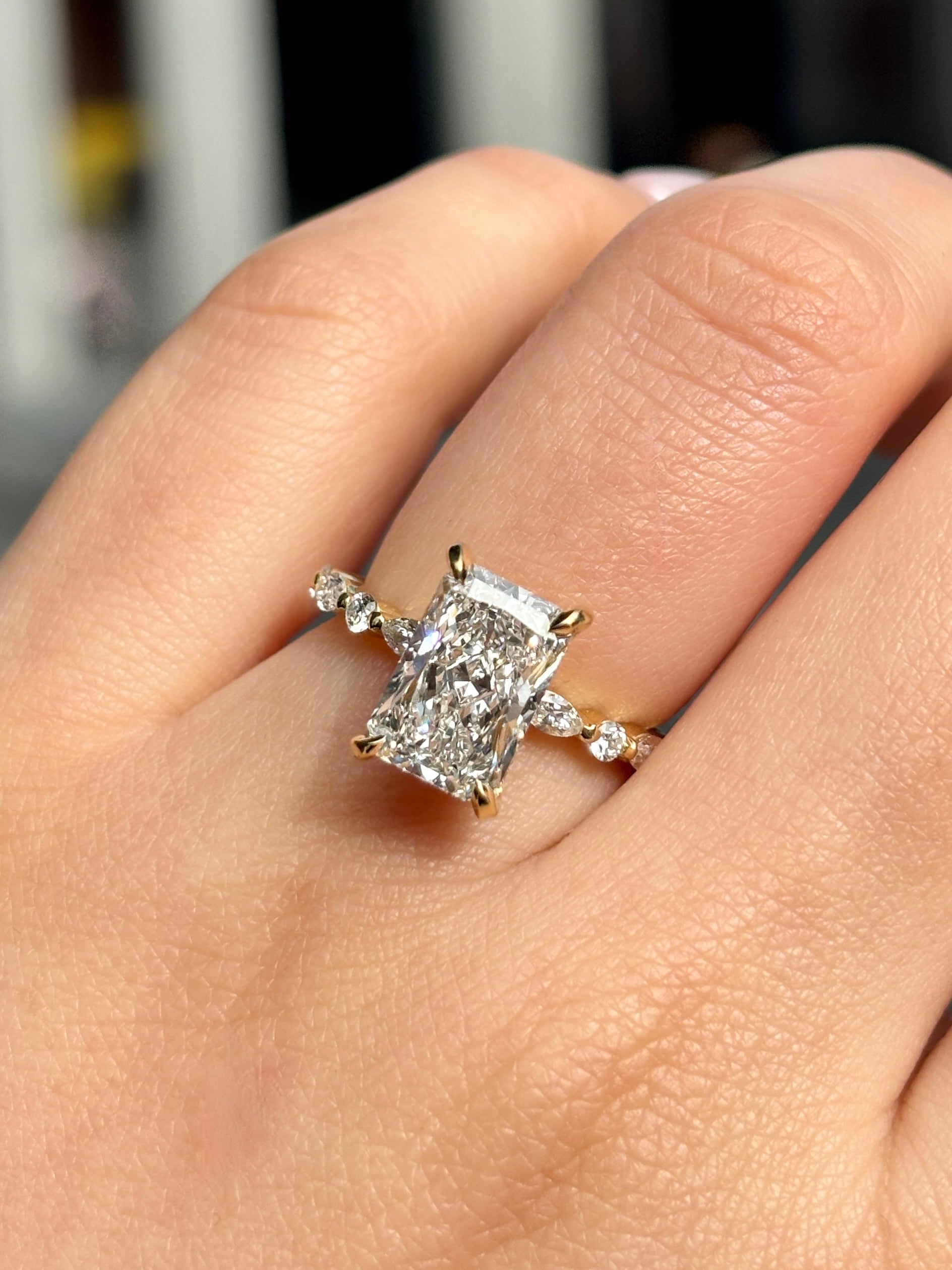 Anna – " 3ct " Radiant Solitaire in 18k Gold with Hidden Halo Marquise and Round Diamonds Band (Ready) - Prime & Pure