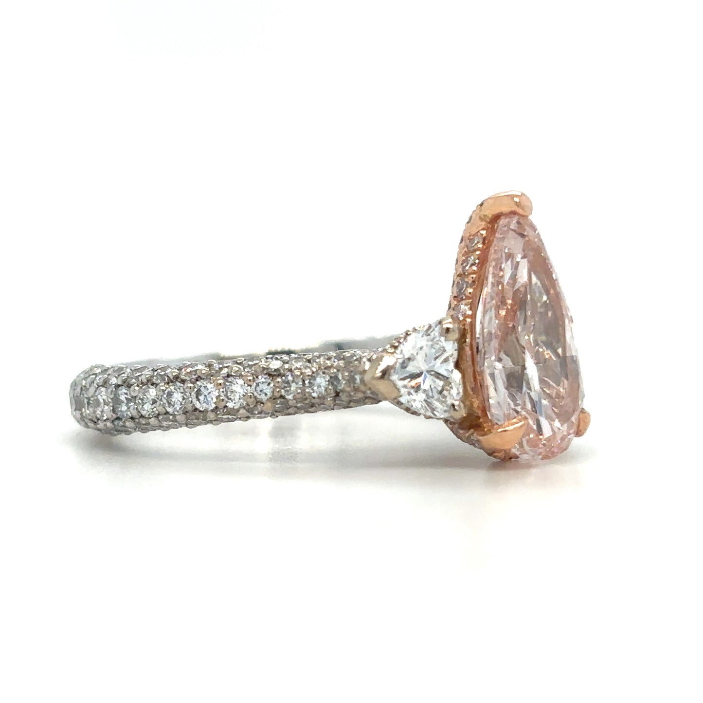 Rosalia – " 3ct " Pink Fancy Pear in 18k with Heart Side diamonds and 3 sides Pave Band (Ready) - Prime & Pure