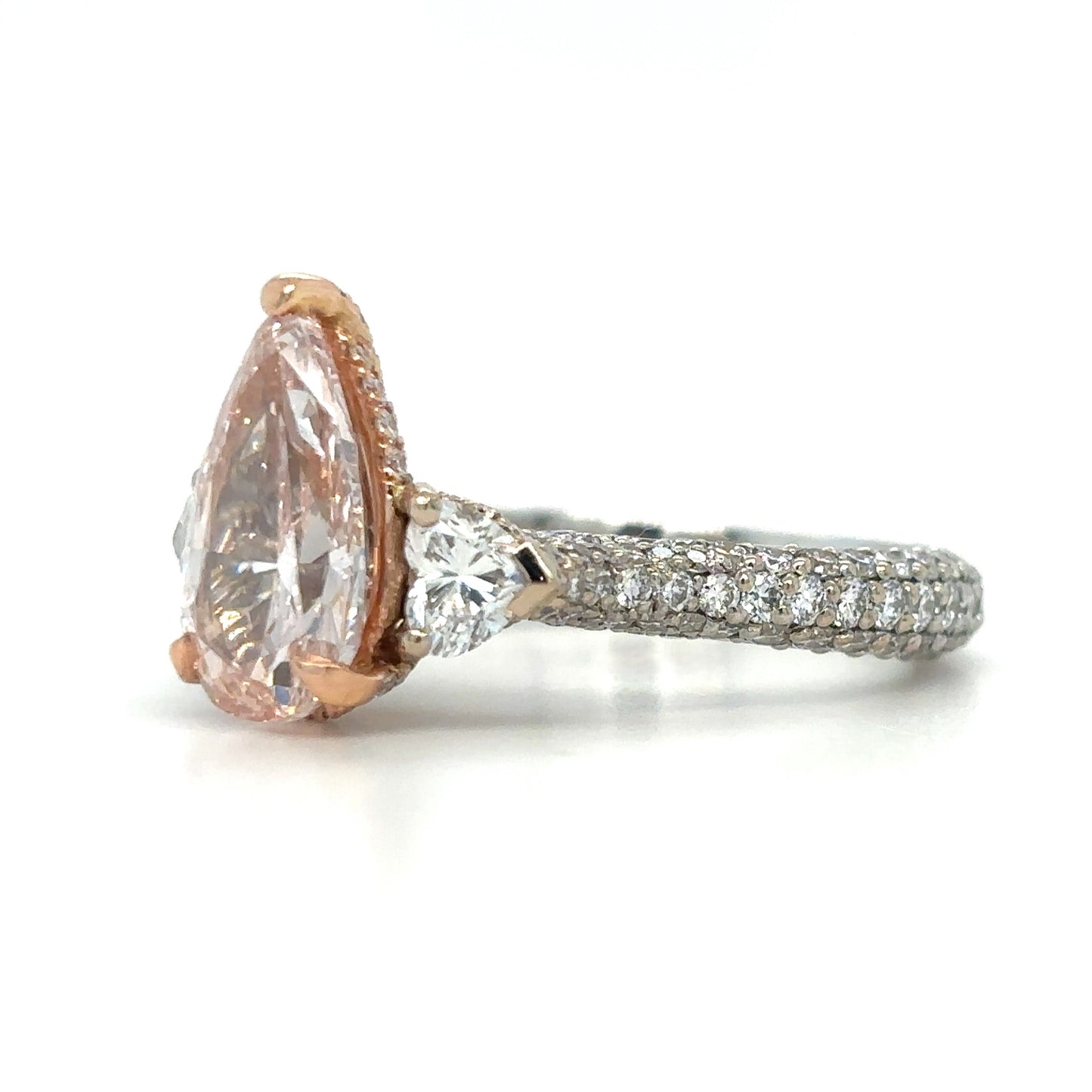 Rosalia – " 3ct " Pink Fancy Pear in 18k with Heart Side diamonds and 3 sides Pave Band (Ready) - Prime & Pure