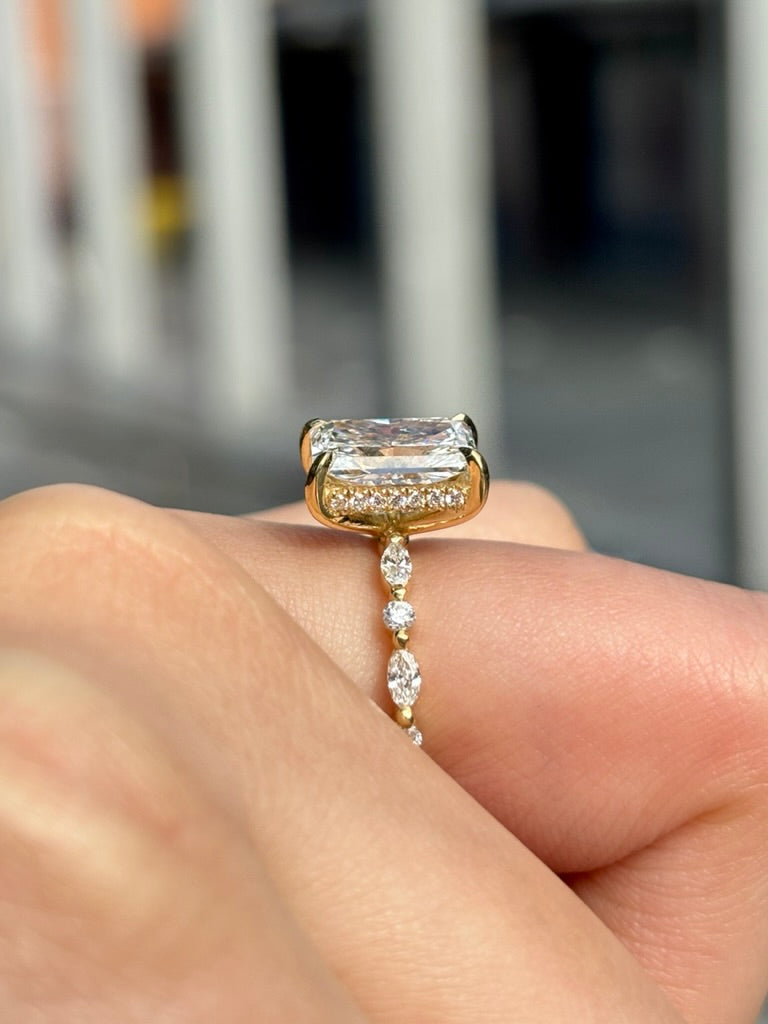 Anna – " 3ct " Radiant Solitaire in 18k Gold with Hidden Halo Marquise and Round Diamonds Band (Ready) - Prime & Pure