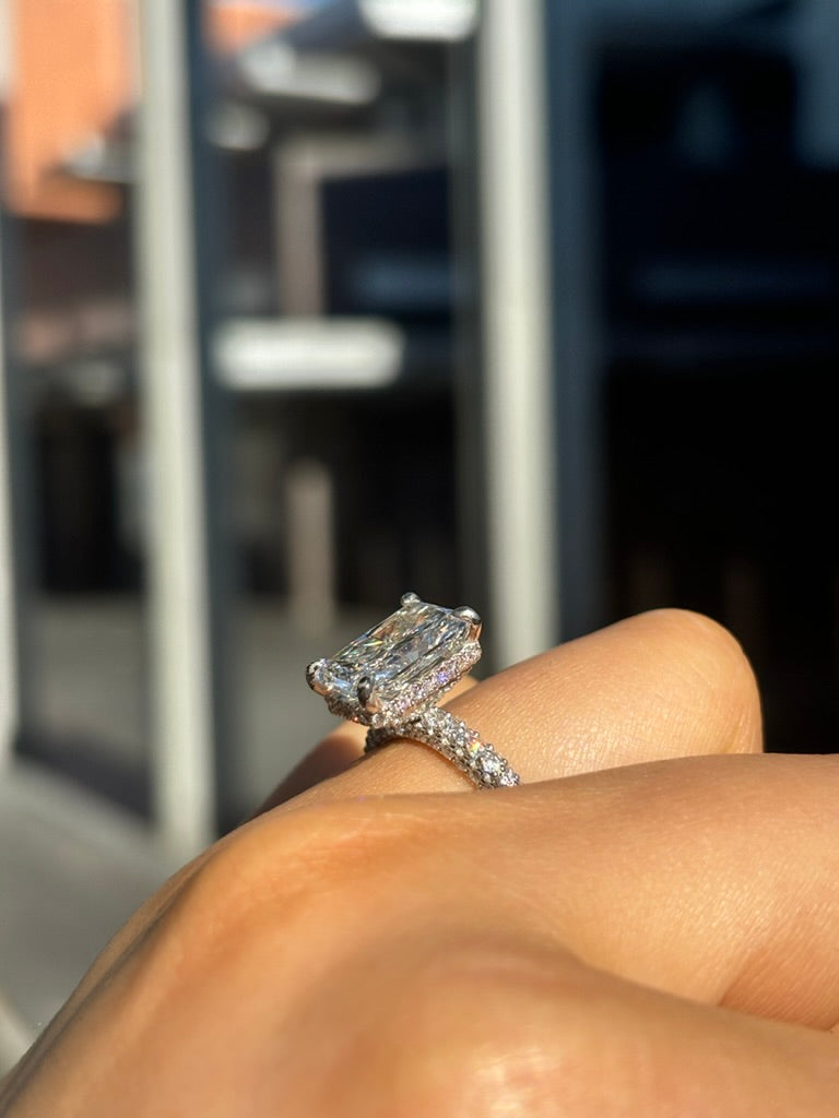 Lauren – " 3ct " Radiant Solitaire in 18k with Hidden Halo and 3 sides pave band (Ready) - Prime & Pure