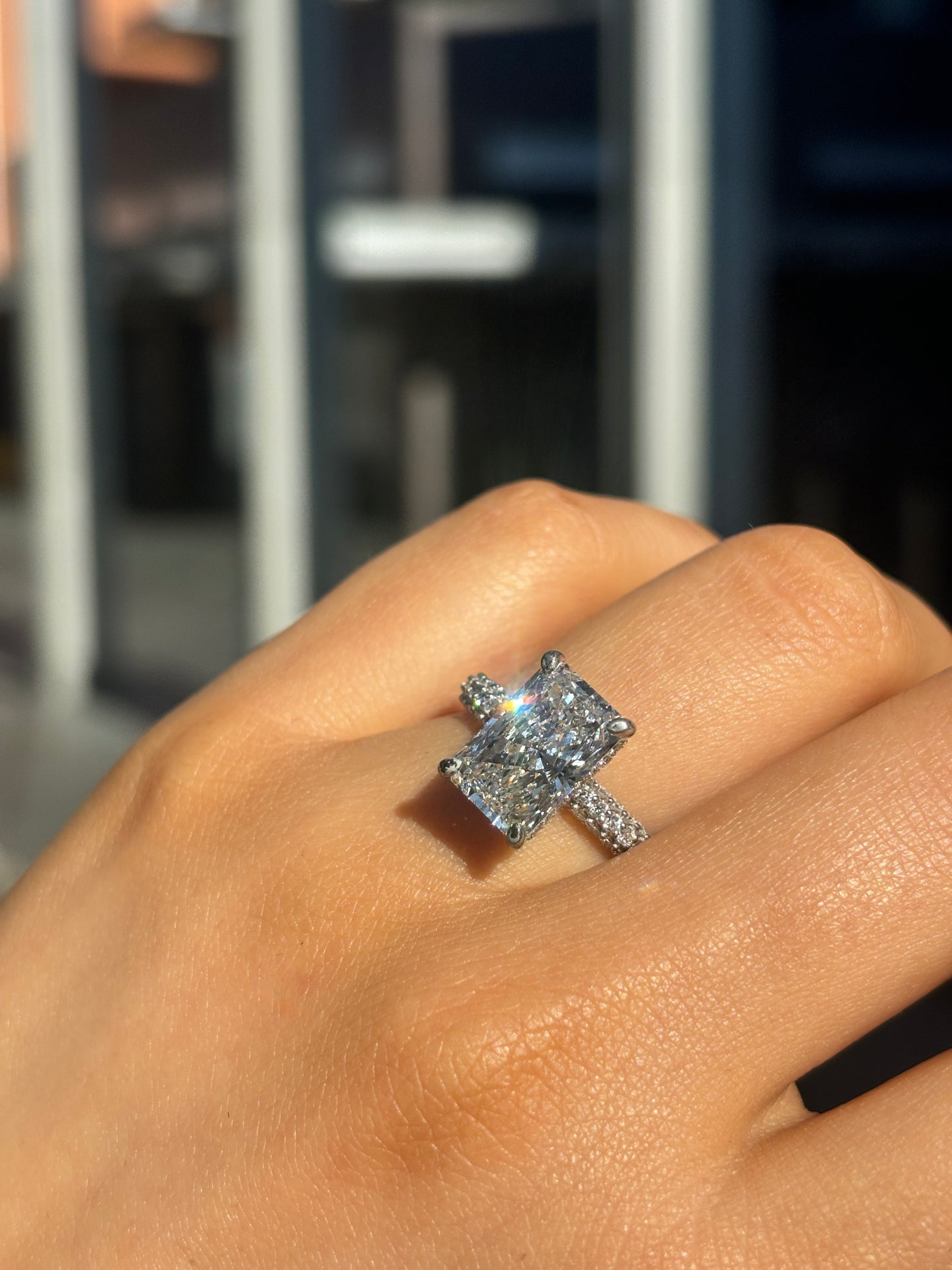 Lauren – " 3ct " Radiant Solitaire in 18k with Hidden Halo and 3 sides pave band (Ready) - Prime & Pure