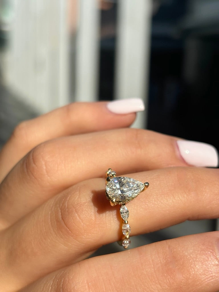 Aline – " 3ct " Pear Solitaire in 18k Gold with 3 Marquise Side Stones & Hidden Halo (Ready) - Prime & Pure