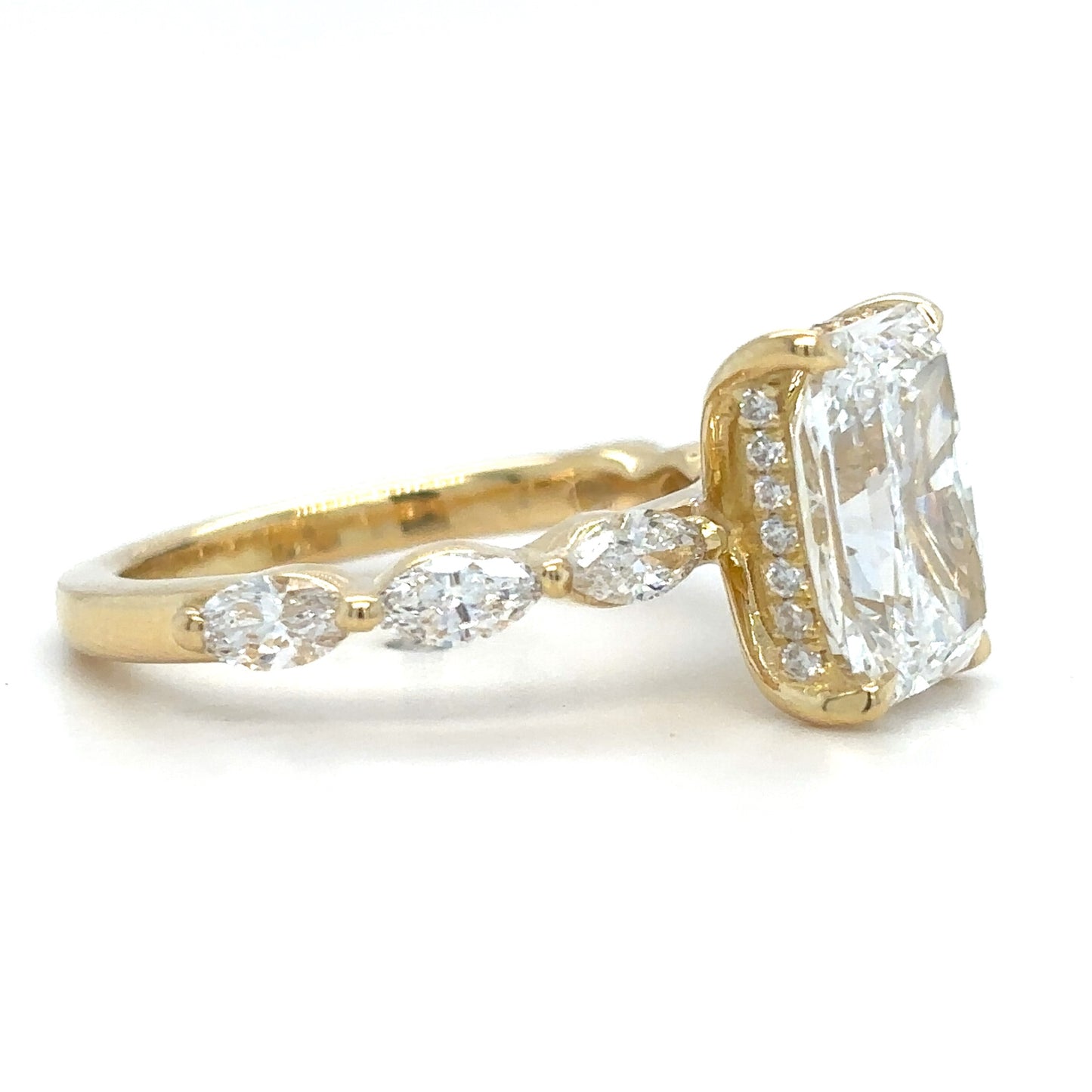 Josephine – " 3ct " Radiant Solitaire in 18k Gold with 3 Marquise Side Stones & Hidden Halo (Ready) - Prime & Pure