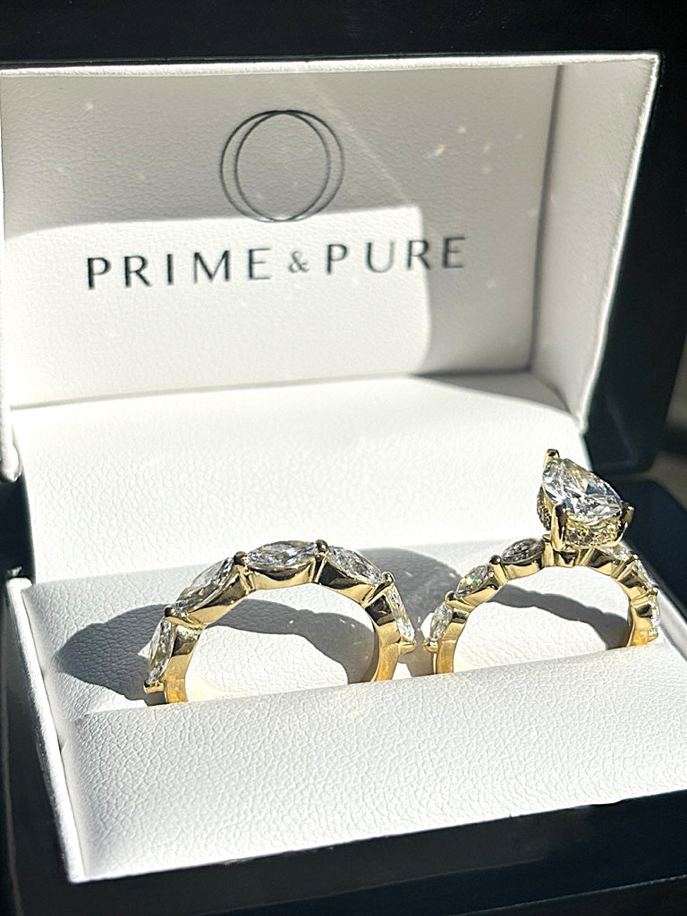 Aline – " 3ct " Pear Solitaire in 18k Gold with 3 Marquise Side Stones & Hidden Halo (Ready) - Prime & Pure