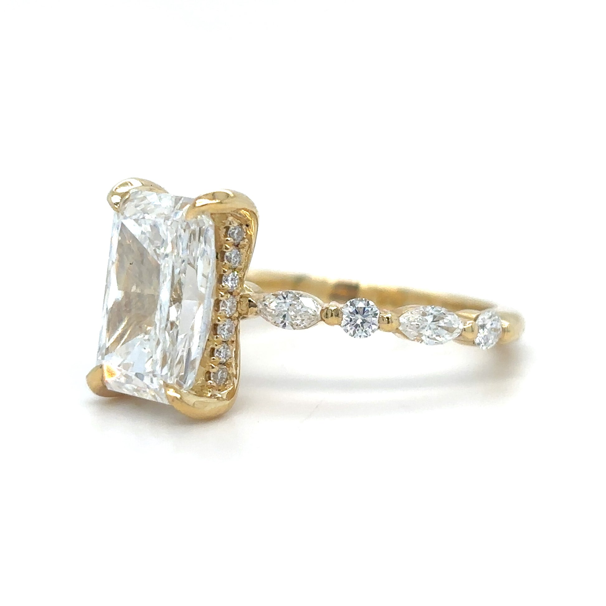Anna – " 3ct " Radiant Solitaire in 18k Gold with Hidden Halo Marquise and Round Diamonds Band (Ready) - Prime & Pure
