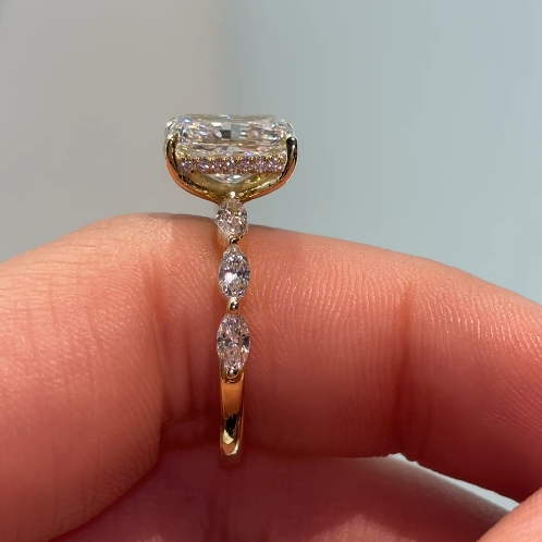 Josephine – " 3ct " Radiant Solitaire in 18k Gold with 3 Marquise Side Stones & Hidden Halo (Ready) - Prime & Pure