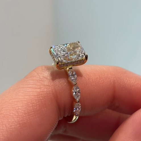 Josephine – " 3ct " Radiant Solitaire in 18k Gold with 3 Marquise Side Stones & Hidden Halo (Ready) - Prime & Pure
