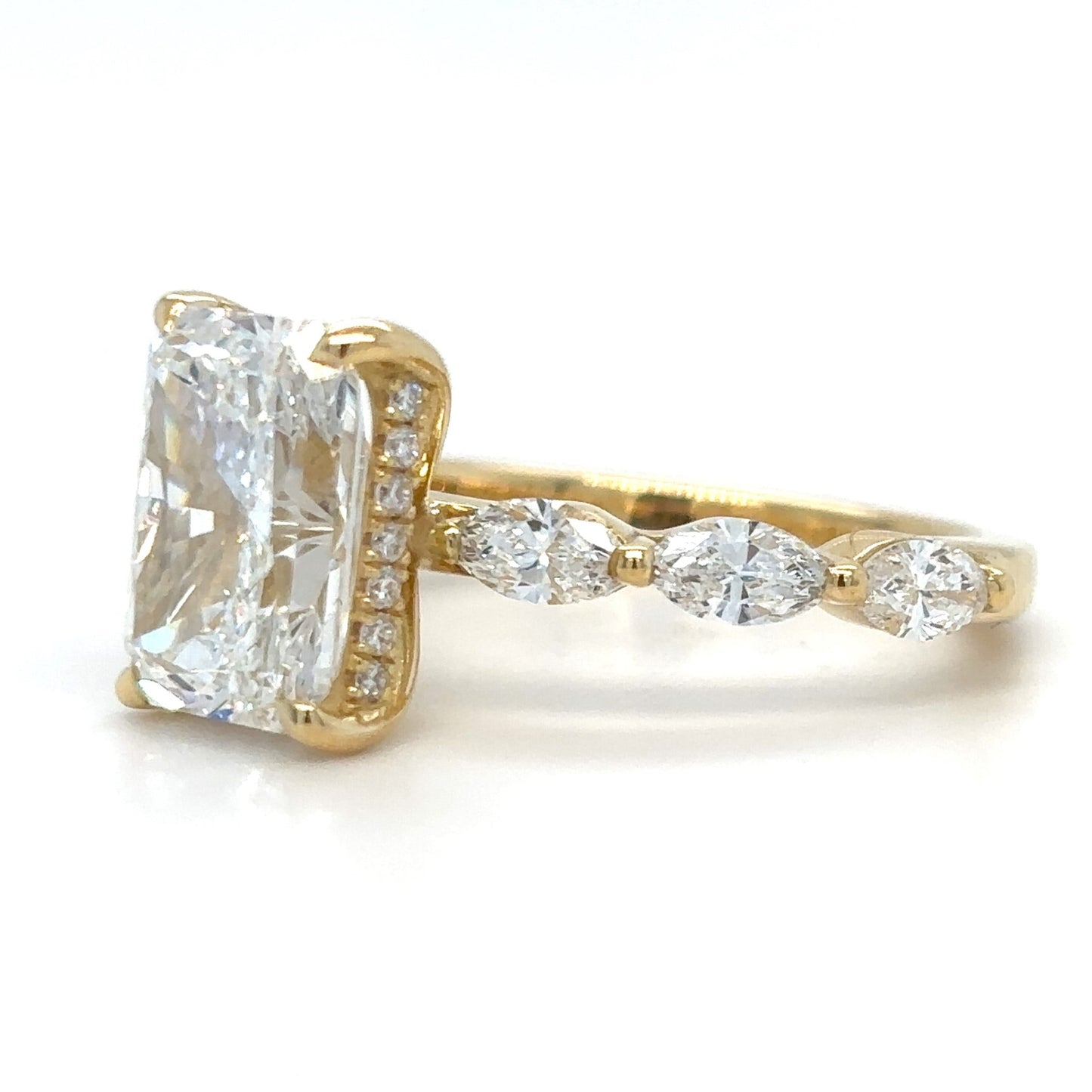 Josephine – " 3ct " Radiant Solitaire in 18k Gold with 3 Marquise Side Stones & Hidden Halo (Ready) - Prime & Pure