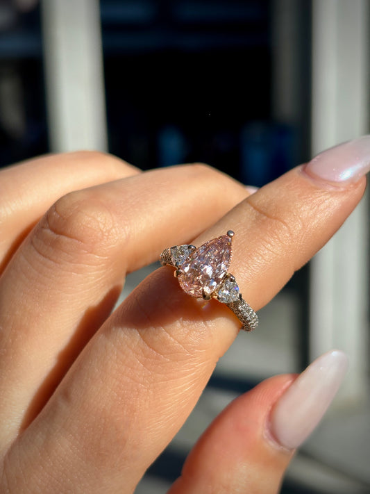 Rosalia – " 3ct " Pink Fancy Pear in 18k with Heart Side diamonds and 3 sides Pave Band (Ready) - Prime & Pure