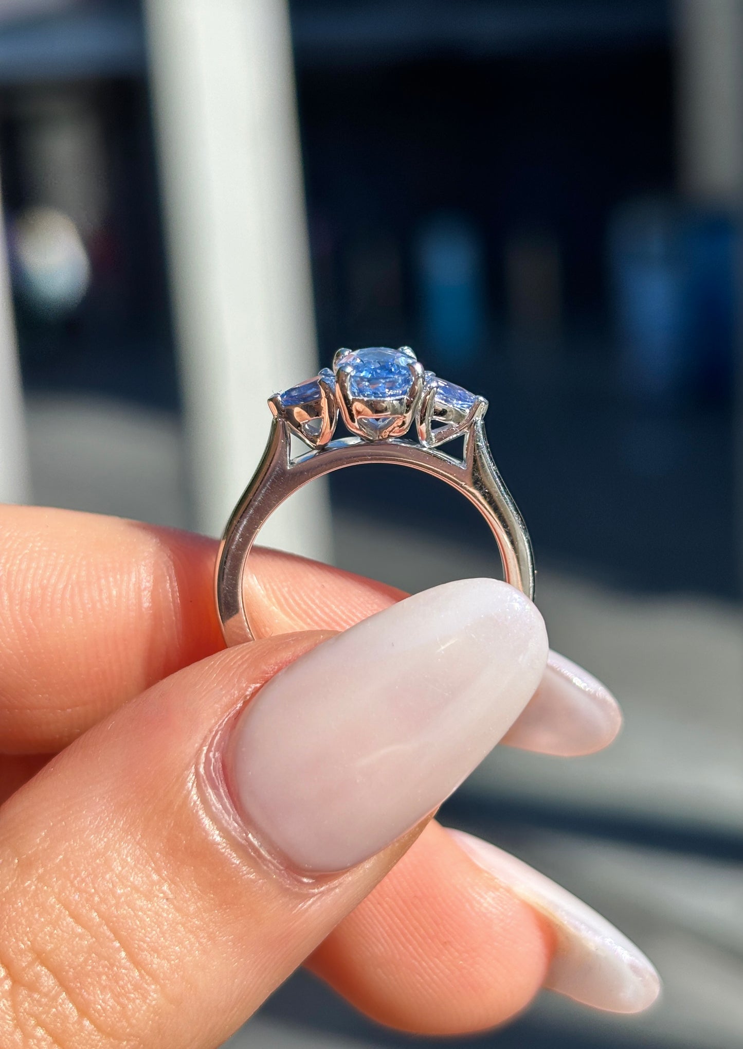 Alexa – " 1ct " Fancy Blue Oval Trilogy Ring in 18k with Pear cut side stones (Ready) - Prime & Pure