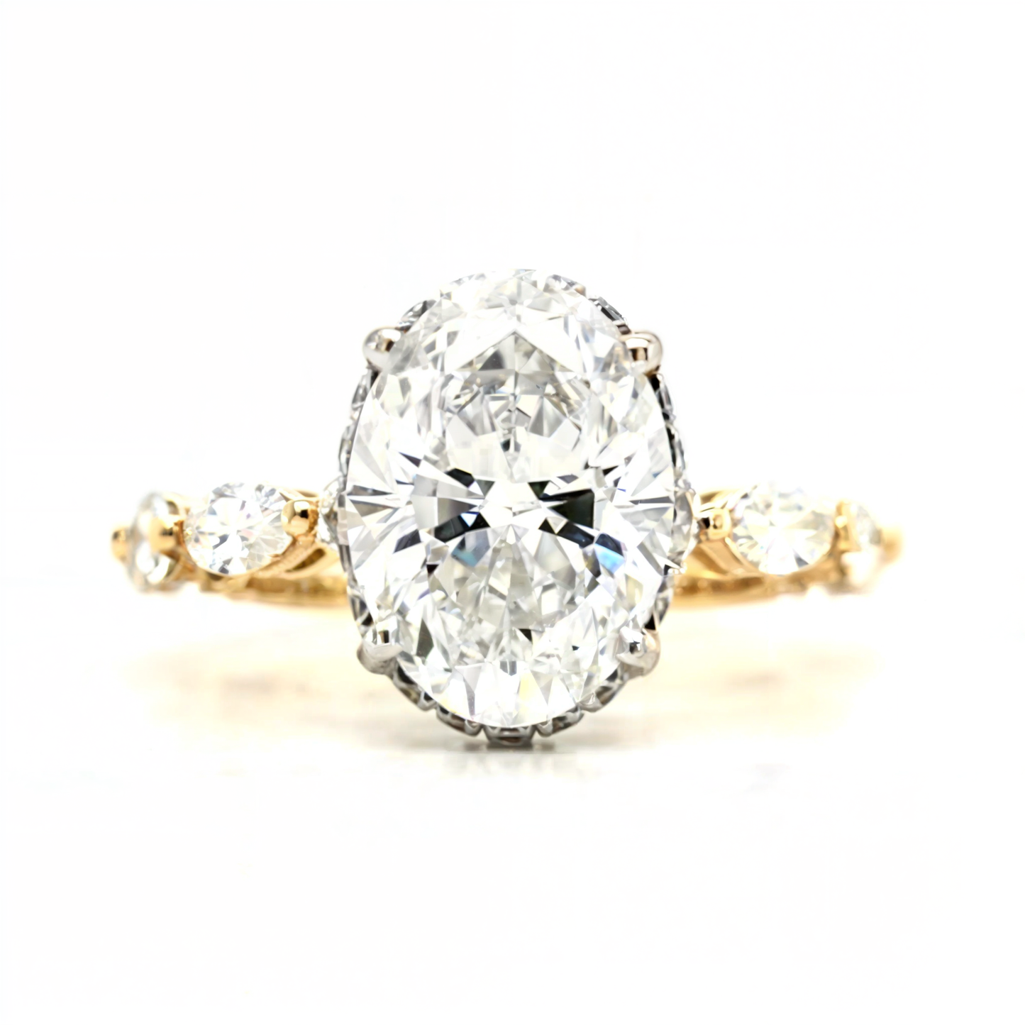 Luna – " 3ct "Oval Solitaire with Hidden Halo - Marquise and Round Side Stones(Ready)
