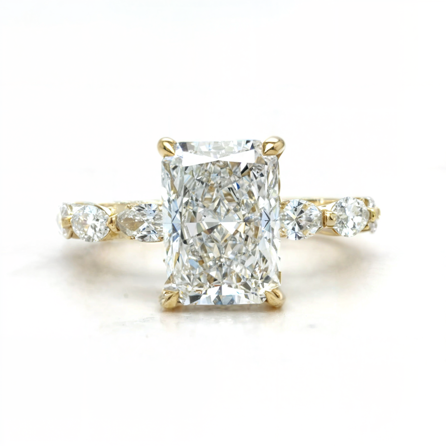 Josephine – " 3ct " Radiant Solitaire in 18k Gold with 3 Marquise Side Stones & Hidden Halo (Ready) - Prime & Pure