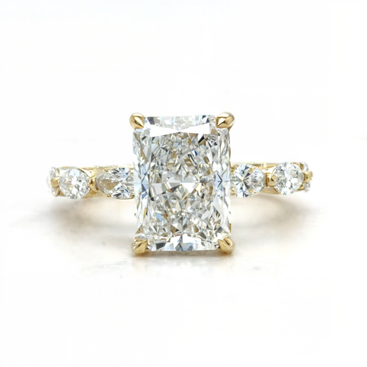 Josephine – " 3ct " Radiant Solitaire in 18k Gold with 3 Marquise Side Stones & Hidden Halo (Ready) - Prime & Pure