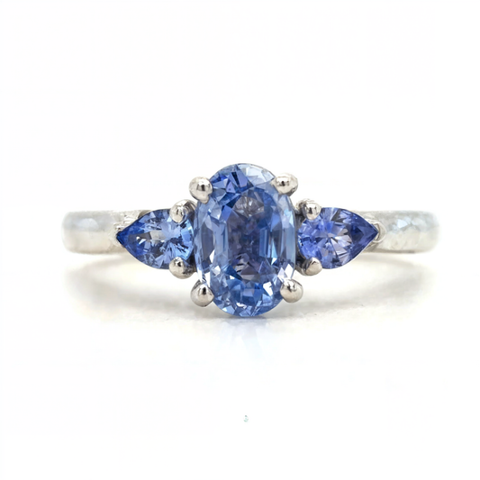 Alexa – " 1ct " Fancy Blue Oval Trilogy Ring in 18k with Pear cut side stones (Ready) - Prime & Pure