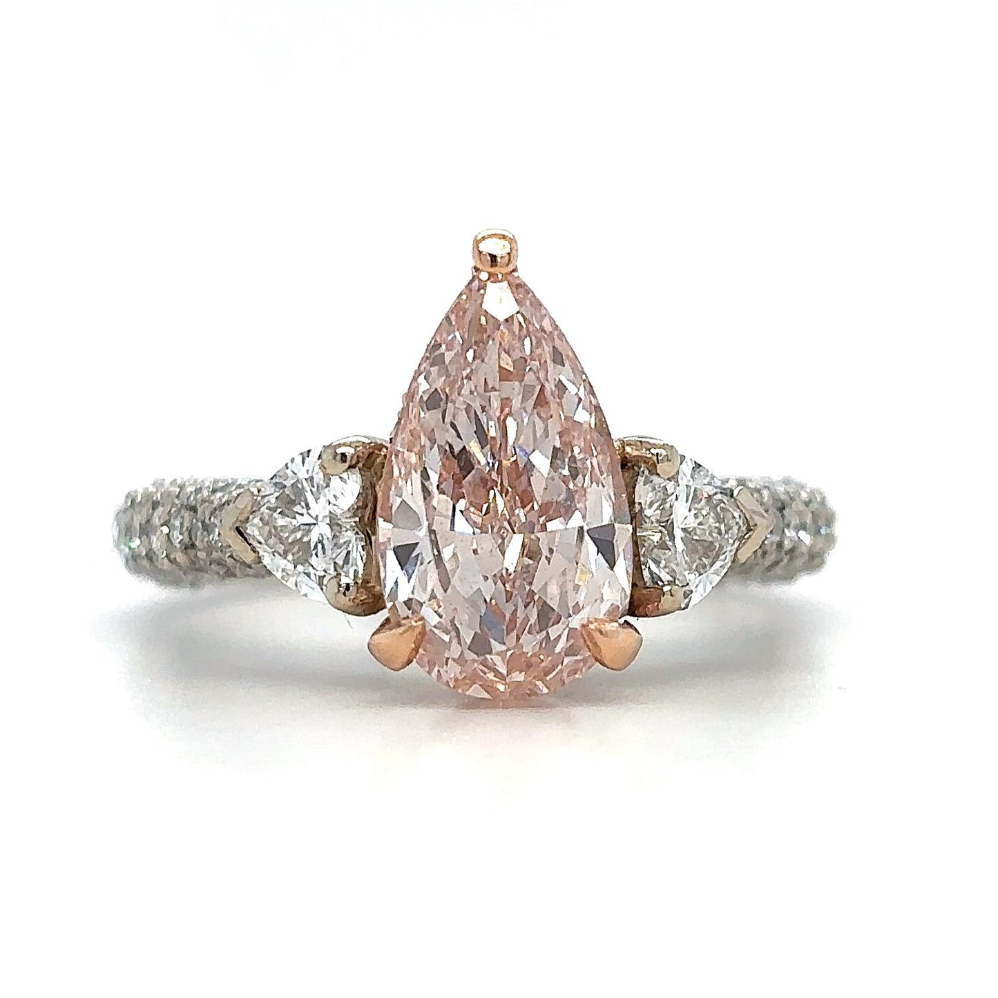 Rosalia – " 3ct " Pink Fancy Pear in 18k with Heart Side diamonds and 3 sides Pave Band (Ready) - Prime & Pure