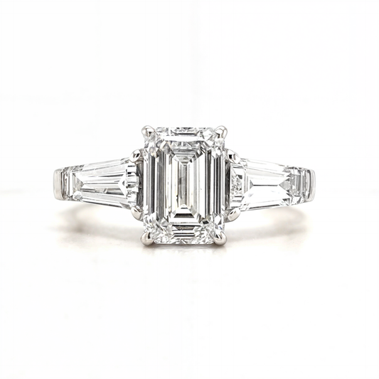 Parker - " 2ct " Emerald Solitaire in 18k Gold with Tapered Baguette Side Stones - Prime & Pure