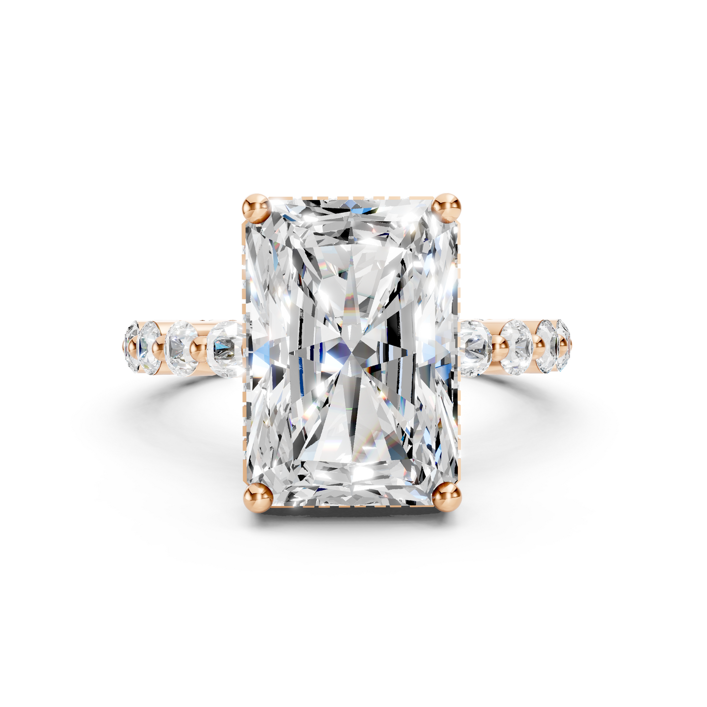 Anita – " 4ct " Radiant Solitaire in 18k with Round Side Stones and hidden halo (Ready)