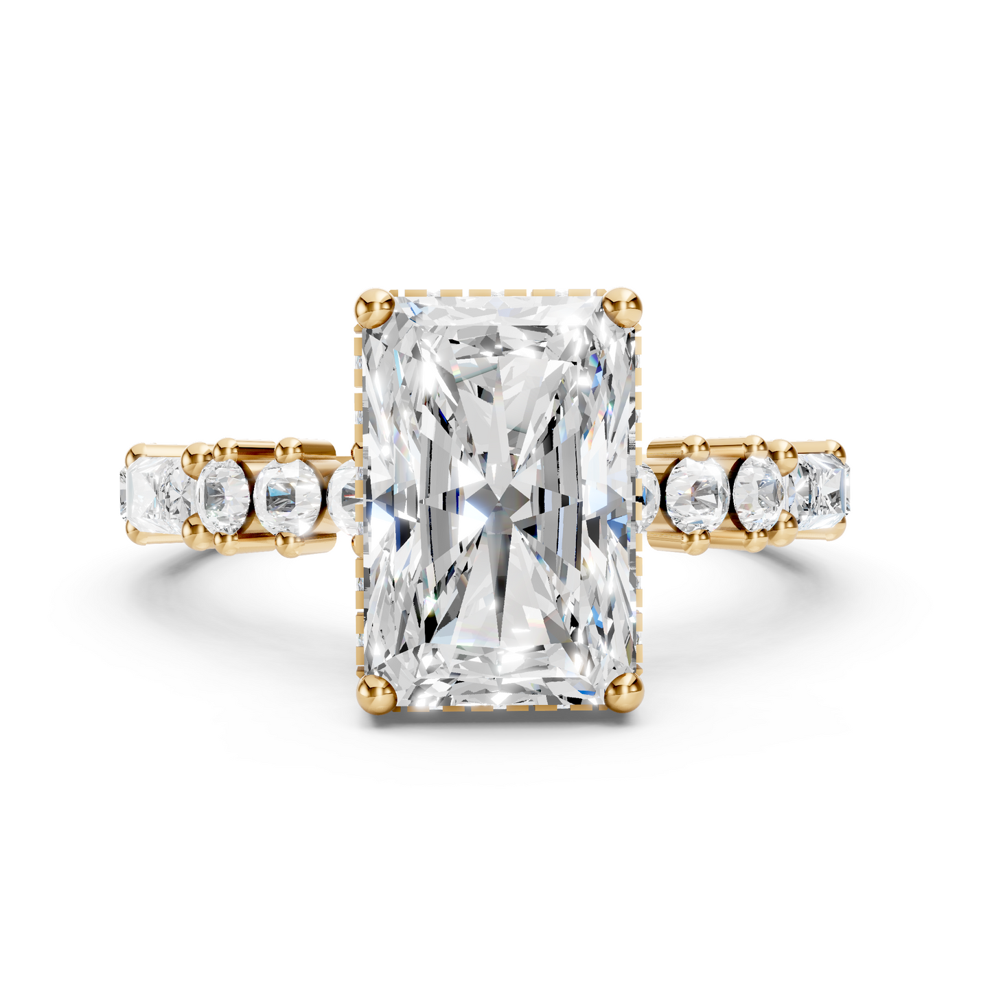 Mila – " 2ct " Radiant Solitaire in 18k Gold with Hidden Halo - Round and Baguette Sides (Ready)