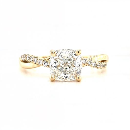 Ainsley – " 1.5ct " Cushion Solitaire in 18K Gold with Twisted Band Half Pave (Ready) - Prime & Pure