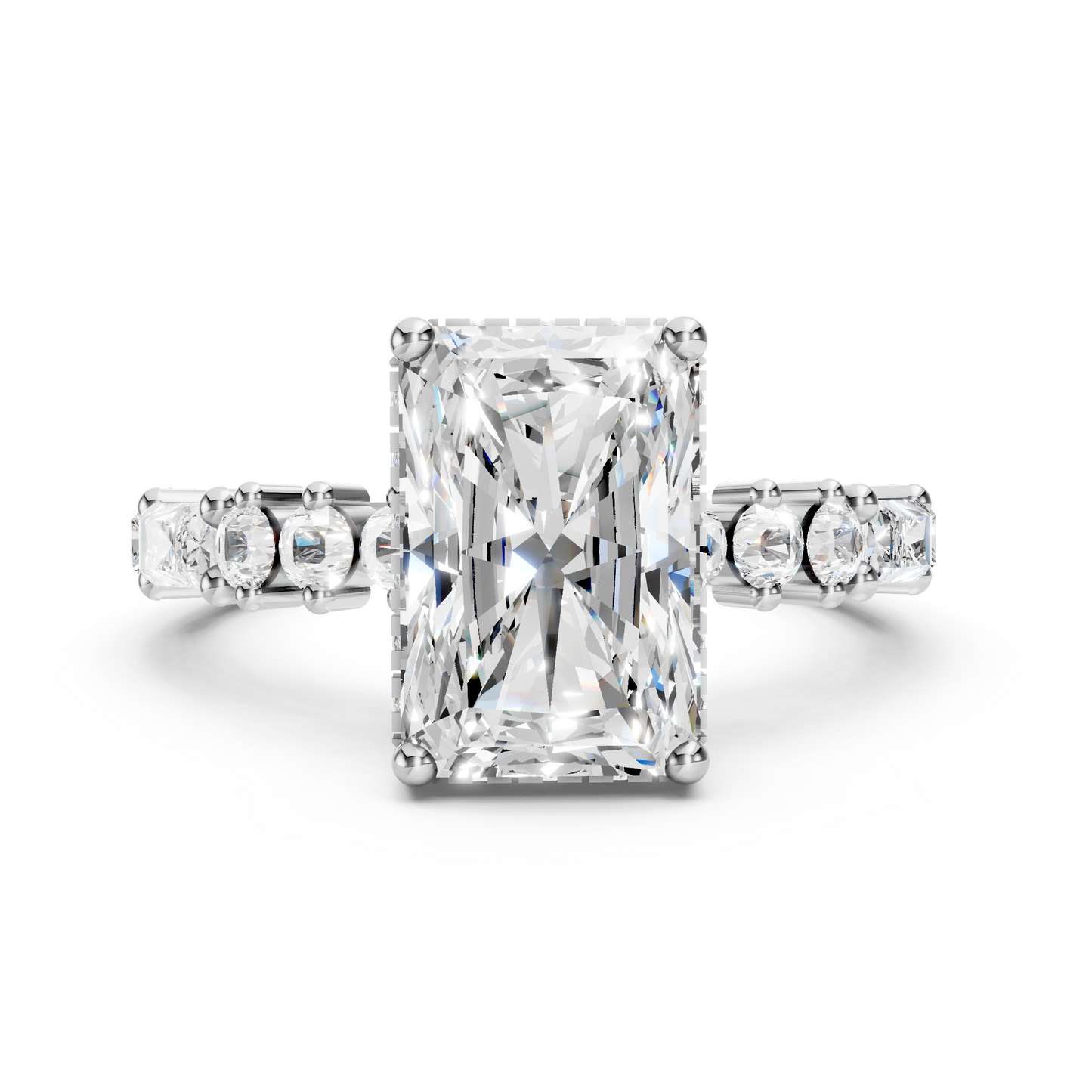 Mila – " 2ct " Radiant Solitaire in 18k Gold with Hidden Halo - Round and Baguette Sides (Ready)