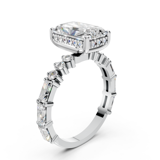 Mila – " 2ct " Radiant Solitaire in 18k Gold with Hidden Halo - Round and Baguette Sides (Ready)