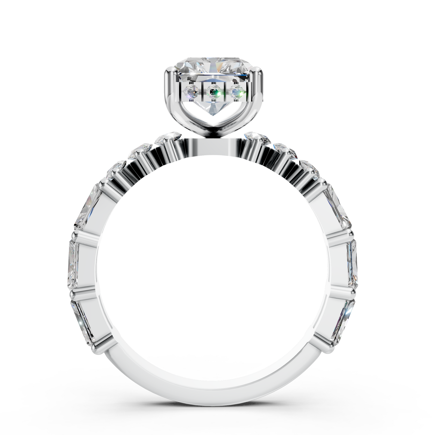 Mila – " 2ct " Radiant Solitaire in 18k Gold with Hidden Halo - Round and Baguette Sides (Ready)