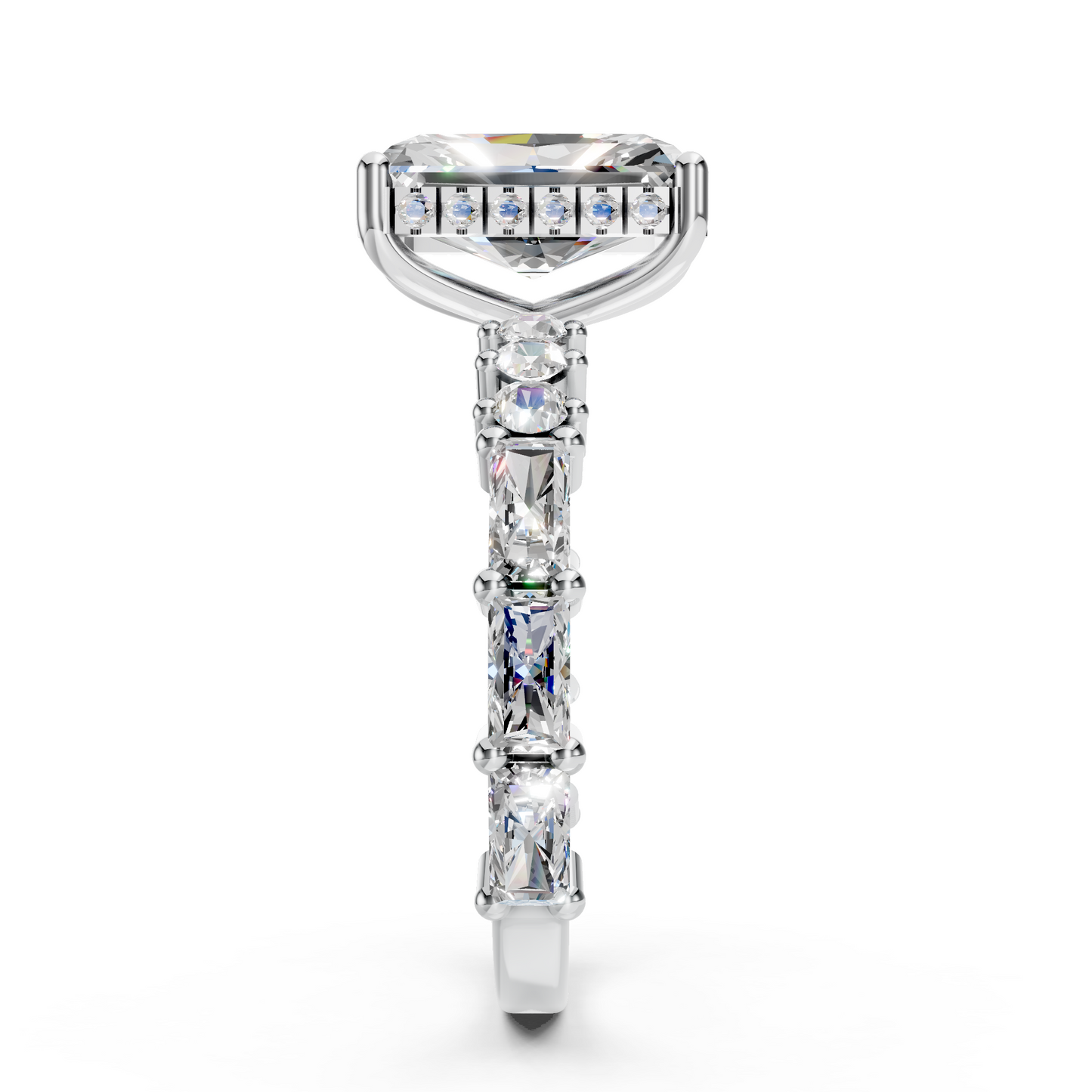 Mila – " 2ct " Radiant Solitaire in 18k Gold with Hidden Halo - Round and Baguette Sides (Ready)