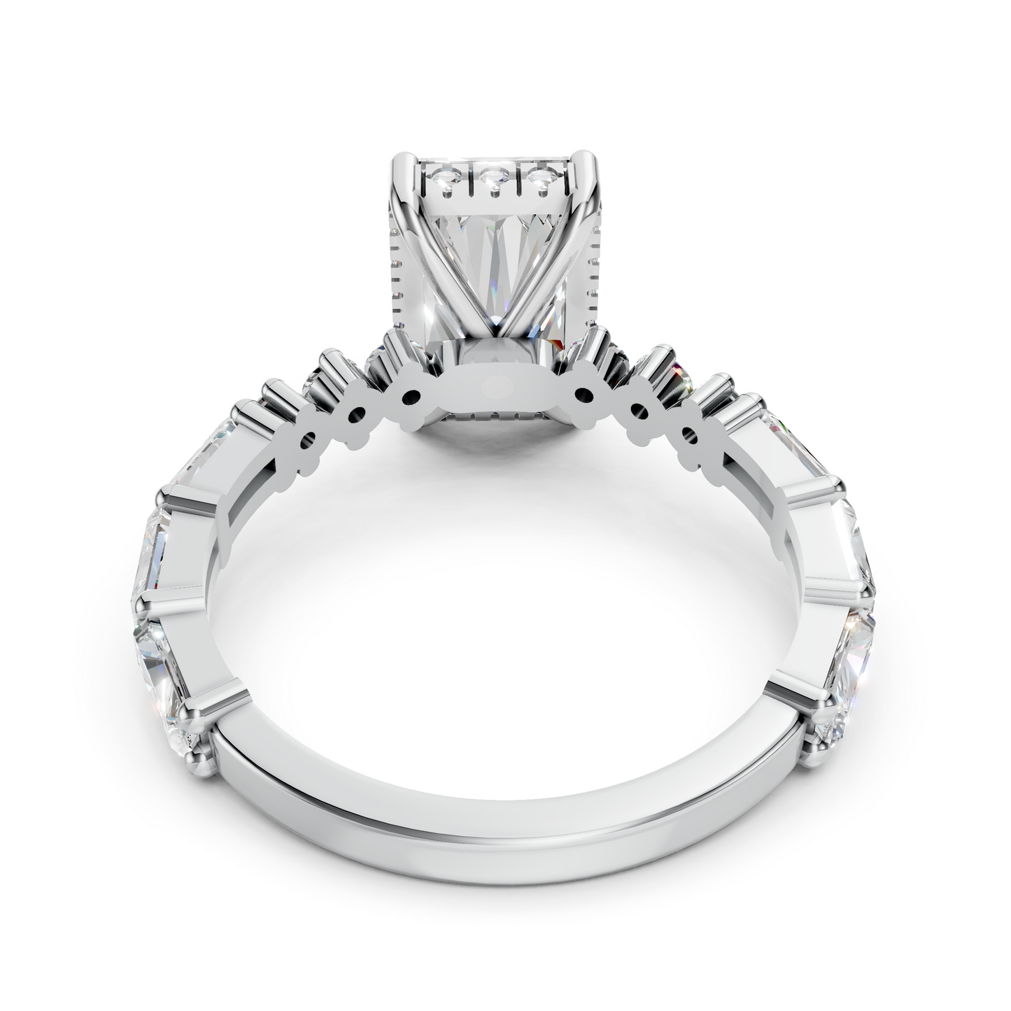 Mila – " 2ct " Radiant Solitaire in 18k Gold with Hidden Halo - Round and Baguette Sides (Ready)