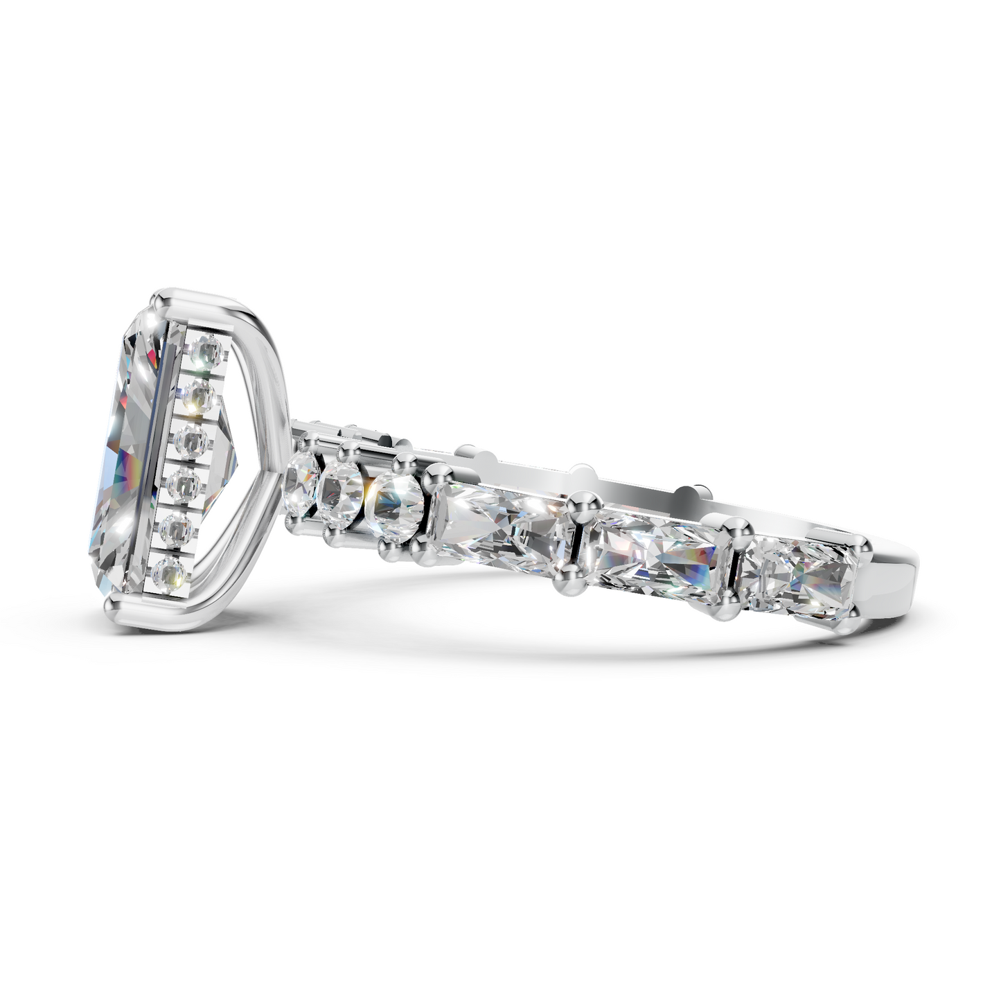 Mila – " 2ct " Radiant Solitaire in 18k Gold with Hidden Halo - Round and Baguette Sides (Ready)