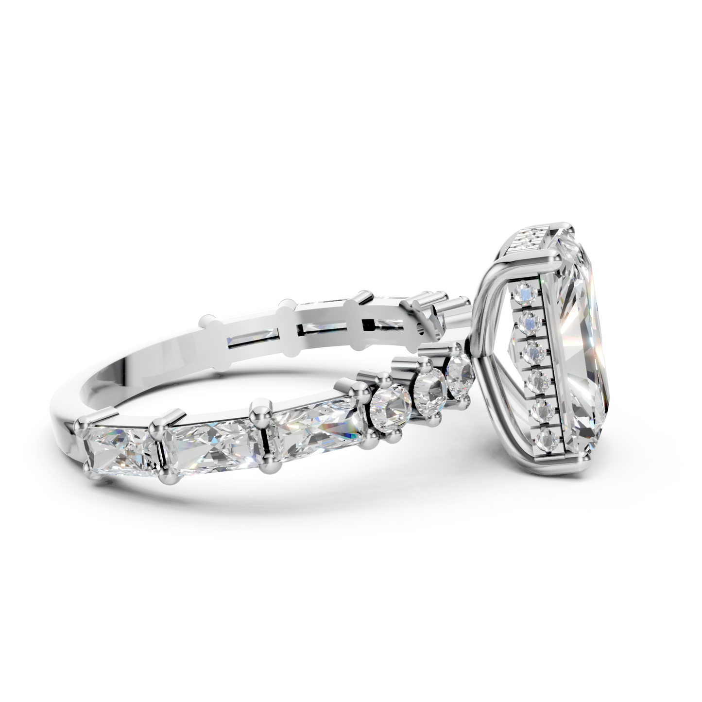 Mila – " 2ct " Radiant Solitaire in 18k Gold with Hidden Halo - Round and Baguette Sides (Ready)