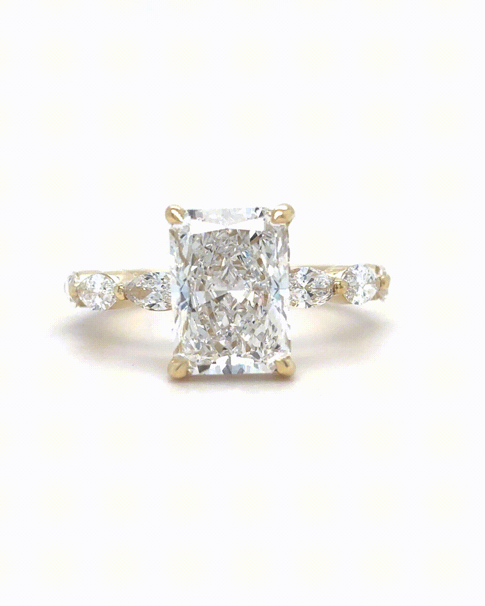 Josephine – " 3ct " Radiant Solitaire in 18k Gold with 3 Marquise Side Stones & Hidden Halo (Ready) - Prime & Pure