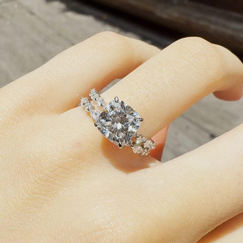 Selena – " 3ct " Cushion Solitaire in 18k Gold with Hidden Halo - Marquise and Round Side Stones (Ready) - Prime & Pure