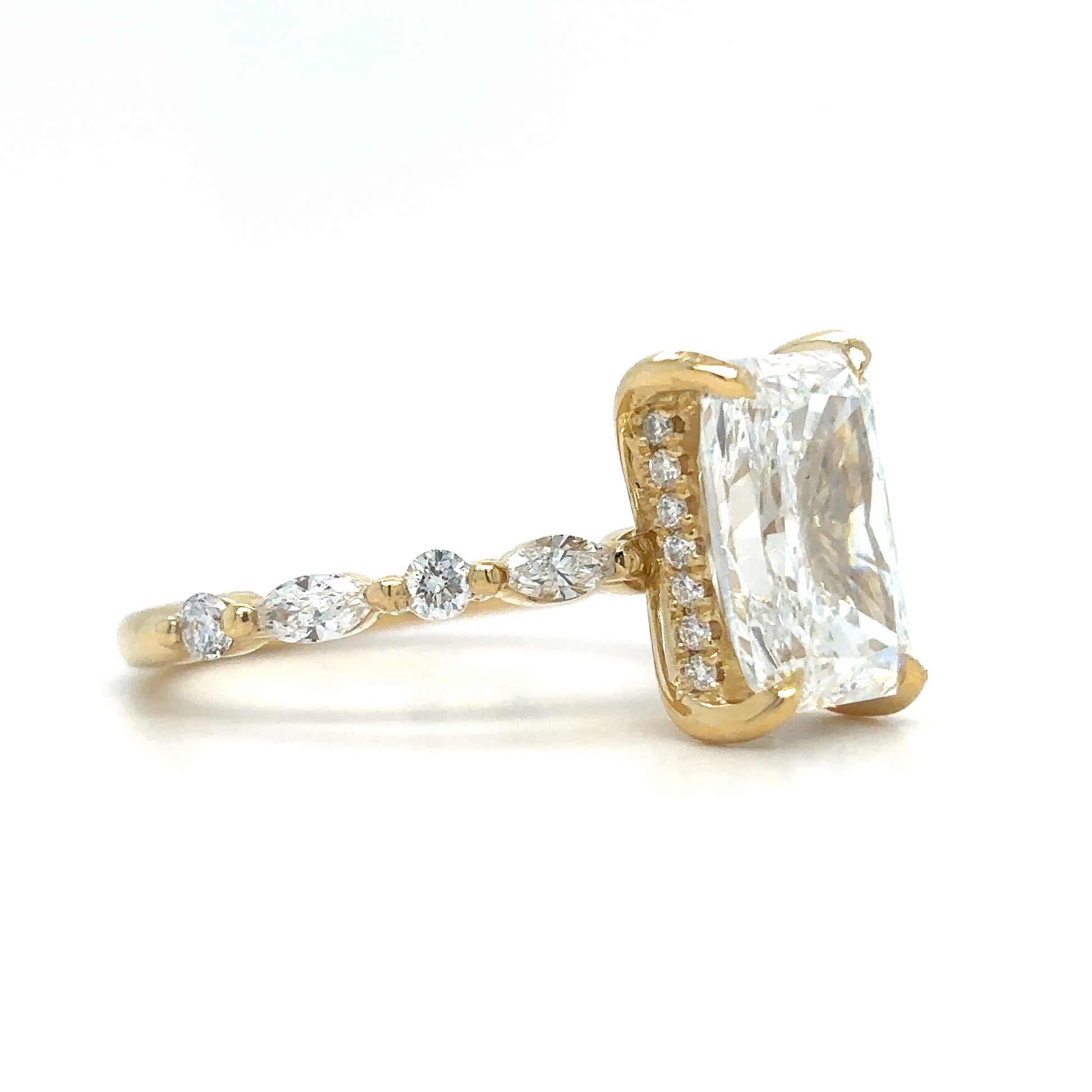 Anna – " 3ct " Radiant Solitaire in 18k Gold with Hidden Halo Marquise and Round Diamonds Band (Ready) - Prime & Pure