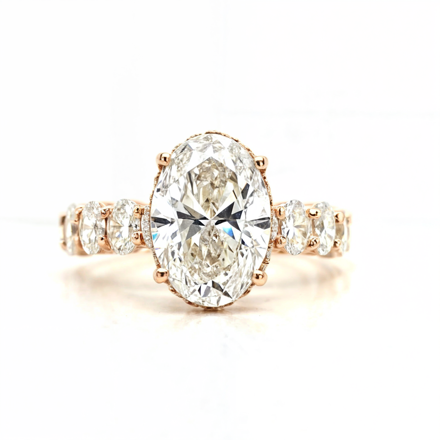 Alexis – " 3ct " Oval Solitaire in 18k Gold with Hidden Halo and Oval accent Diamonds Band (Ready) - Prime & Pure
