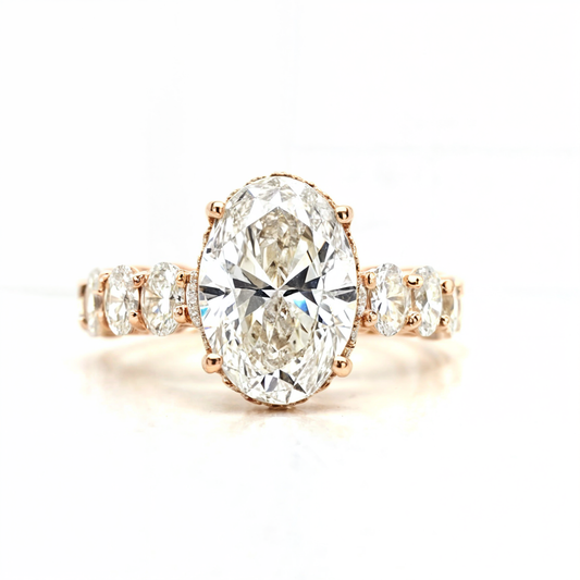 Alexis – " 3ct " Oval Solitaire in 18k Gold with Hidden Halo and Oval accent Diamonds Band (Ready) - Prime & Pure