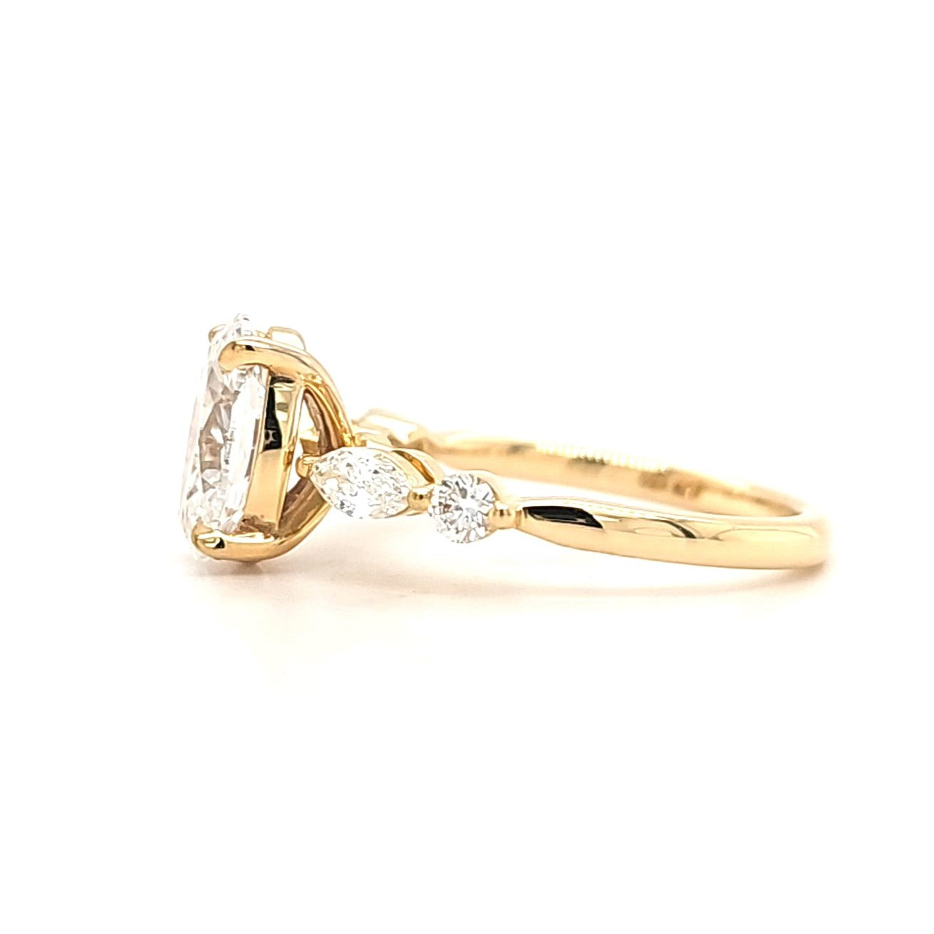 Claire – " 2ct " Oval Solitaire in 18k with Marquise and Round Side Stones (Ready) - Prime & Pure